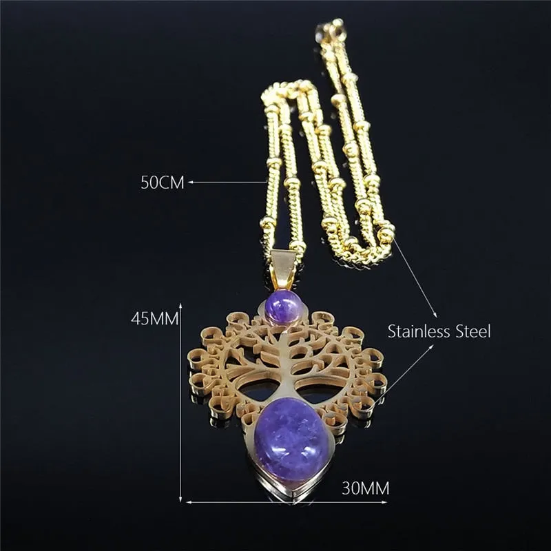 Bohemia Tree of Life Purple Crystal Stainless Steel Necklaces For Women Gold Color Charm Necklace