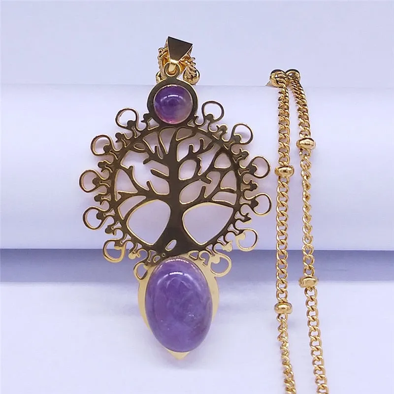 Bohemia Tree of Life Purple Crystal Stainless Steel Necklaces For Women Gold Color Charm Necklace