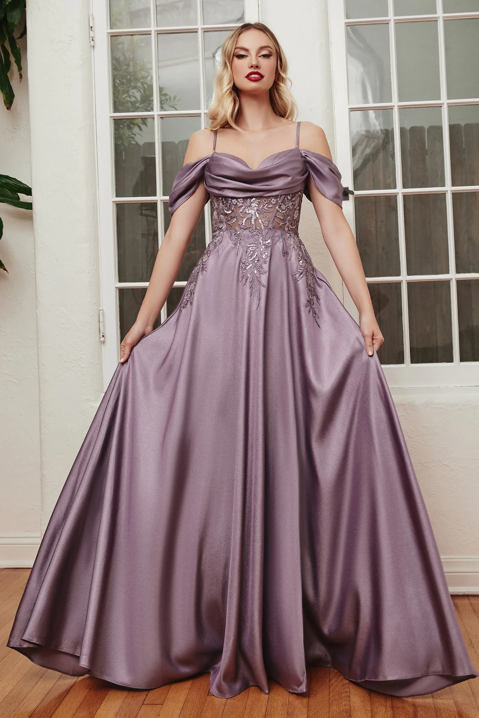 CINDERELLA DIVINE OC012 A-Line Off-Shoulder Satin Gown with Slit