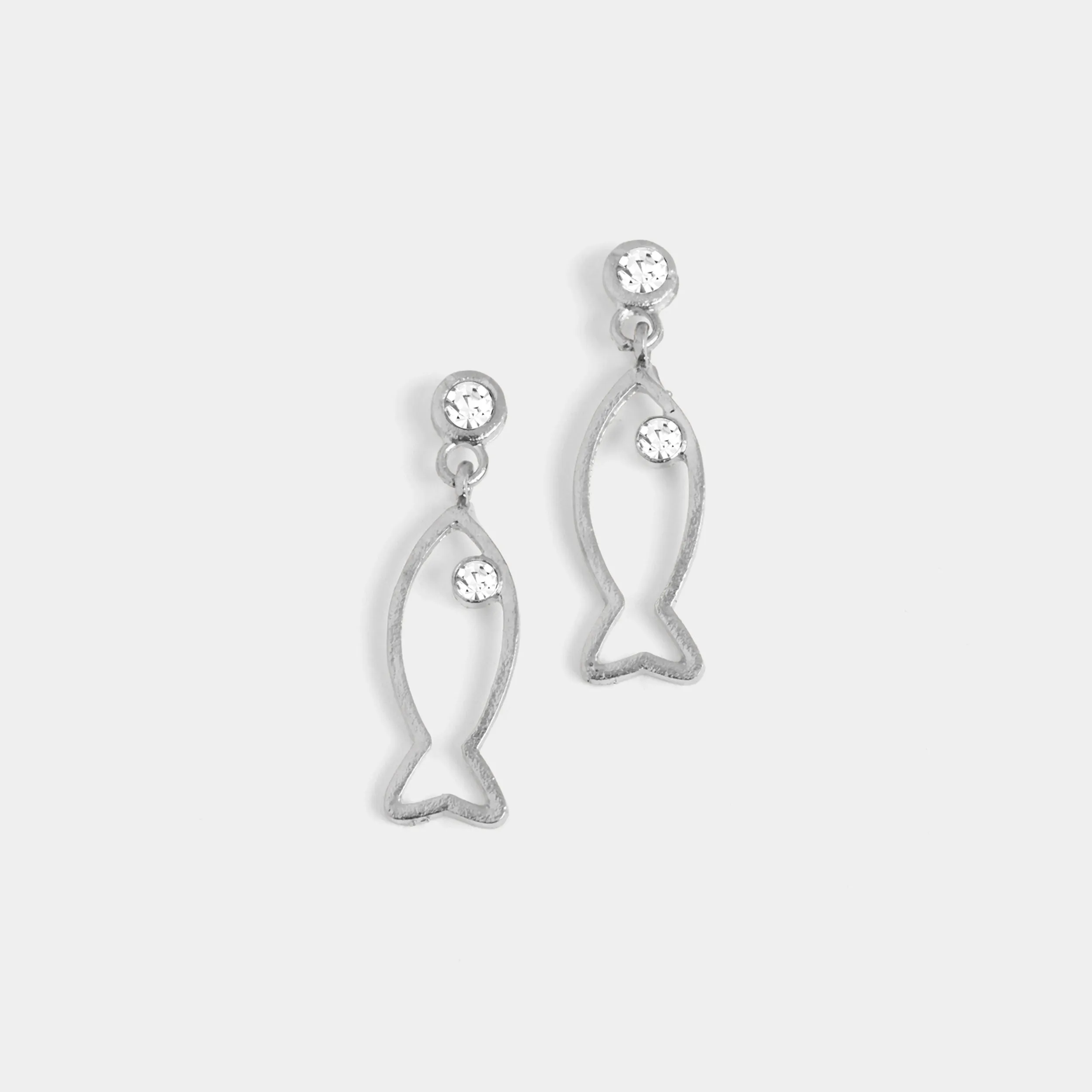 Clear Stone Fish Dangle Earrings - Silver