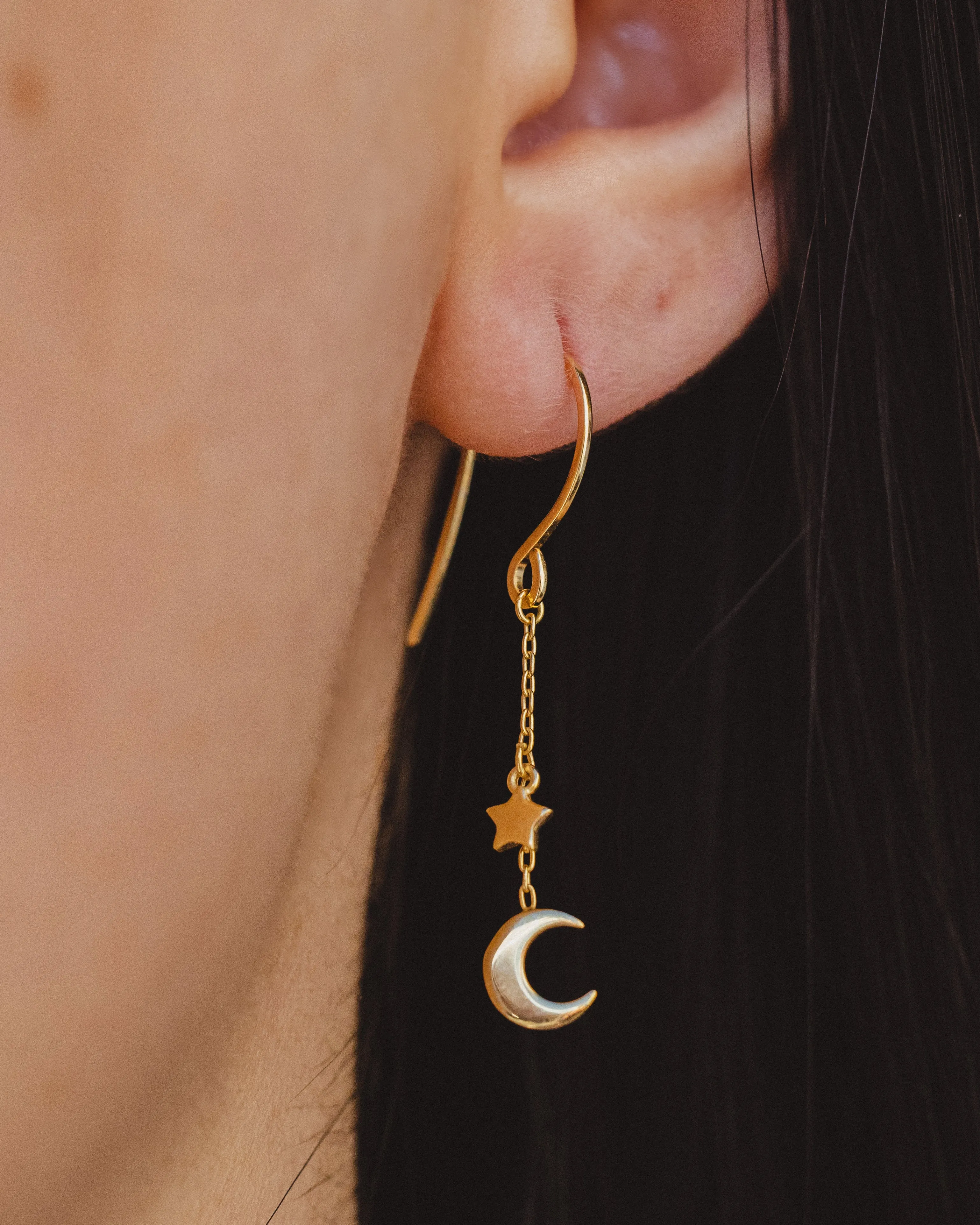 CRESCENT MOON & STAR DROP DANGLE EARRINGS IN 14K GOLD