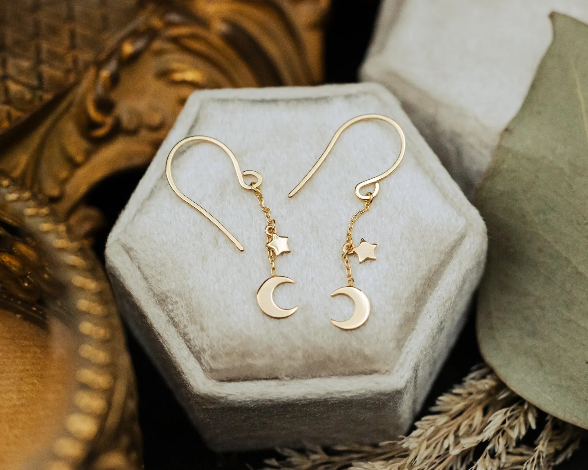 CRESCENT MOON & STAR DROP DANGLE EARRINGS IN 14K GOLD