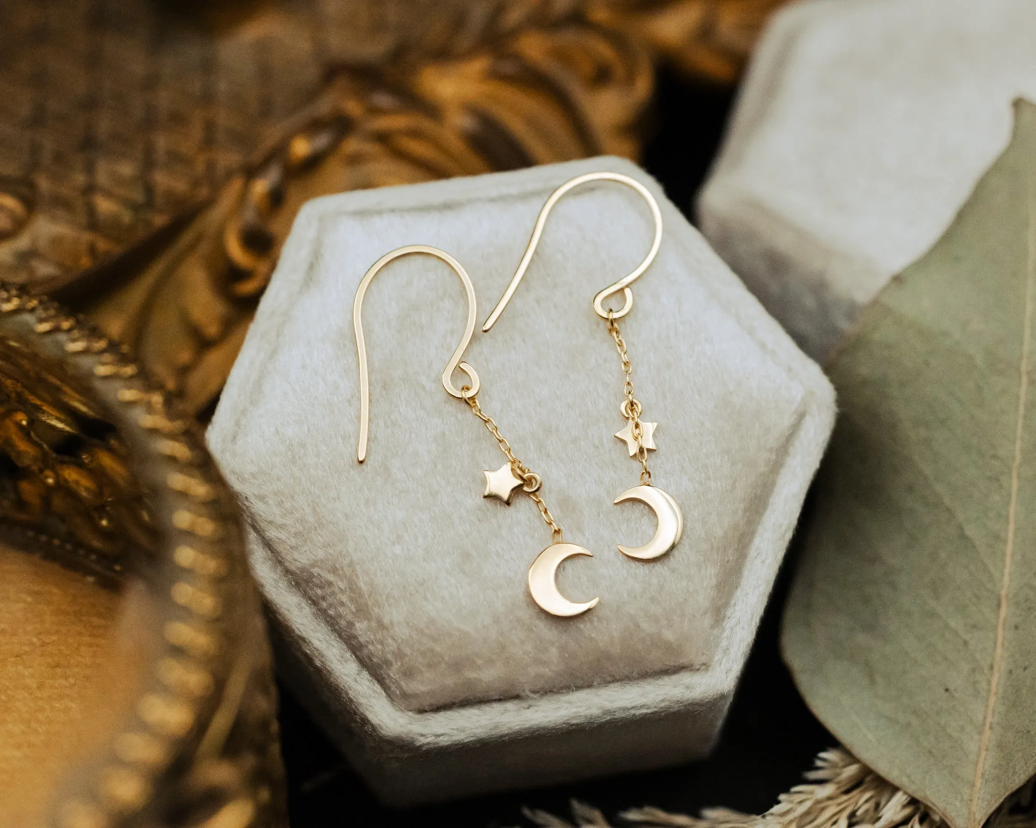 CRESCENT MOON & STAR DROP DANGLE EARRINGS IN 14K GOLD