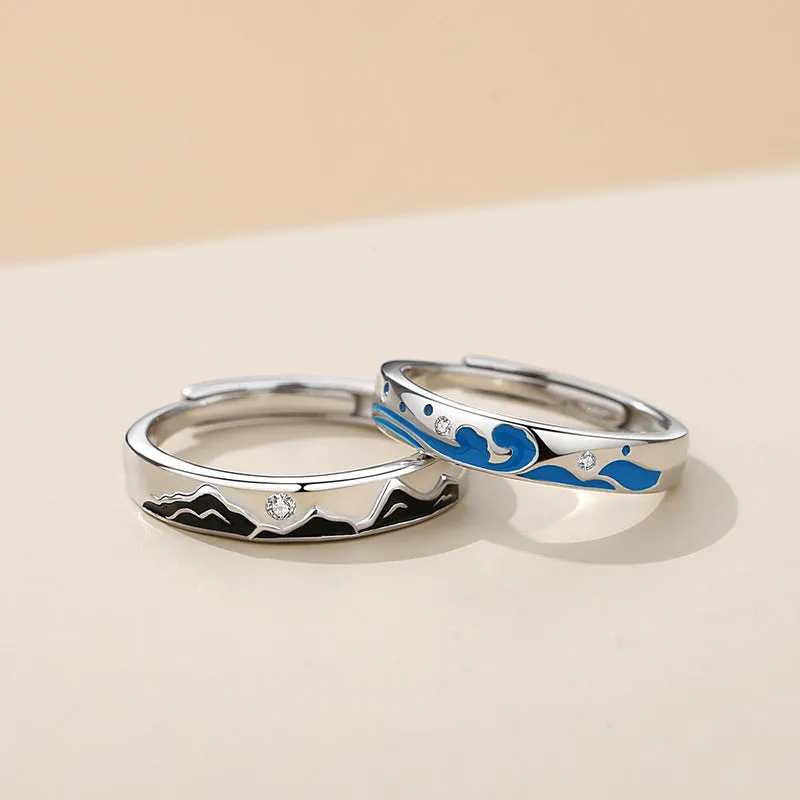 Custom Engraved Ocean Mountain Rings for Couples