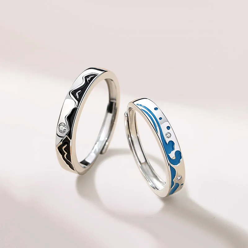 Custom Engraved Ocean Mountain Rings for Couples