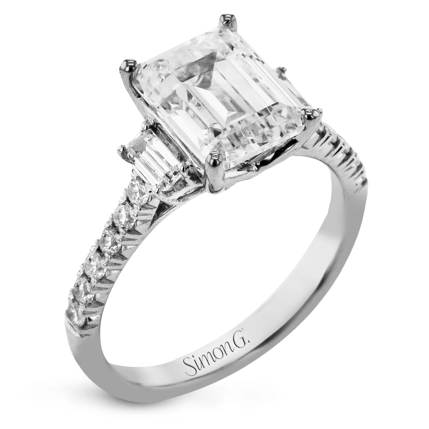 Emerald-cut Three-stone Engagement Ring in 18k Gold with Diamonds