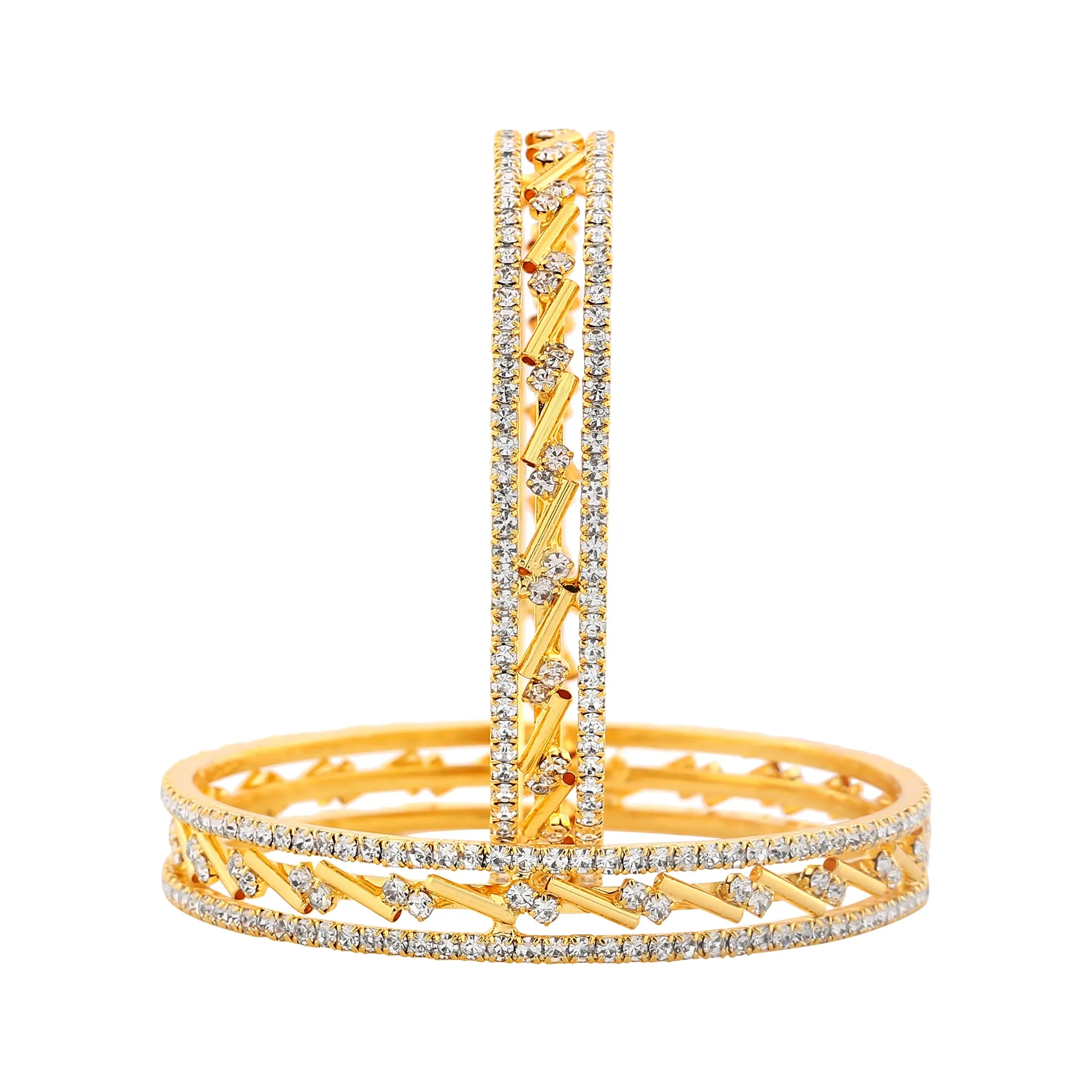 Estele Gold Plated Stylish & Modern 2:6 Size Bangles with Shimmering White American Diamonds | Modern Jewelry for Women