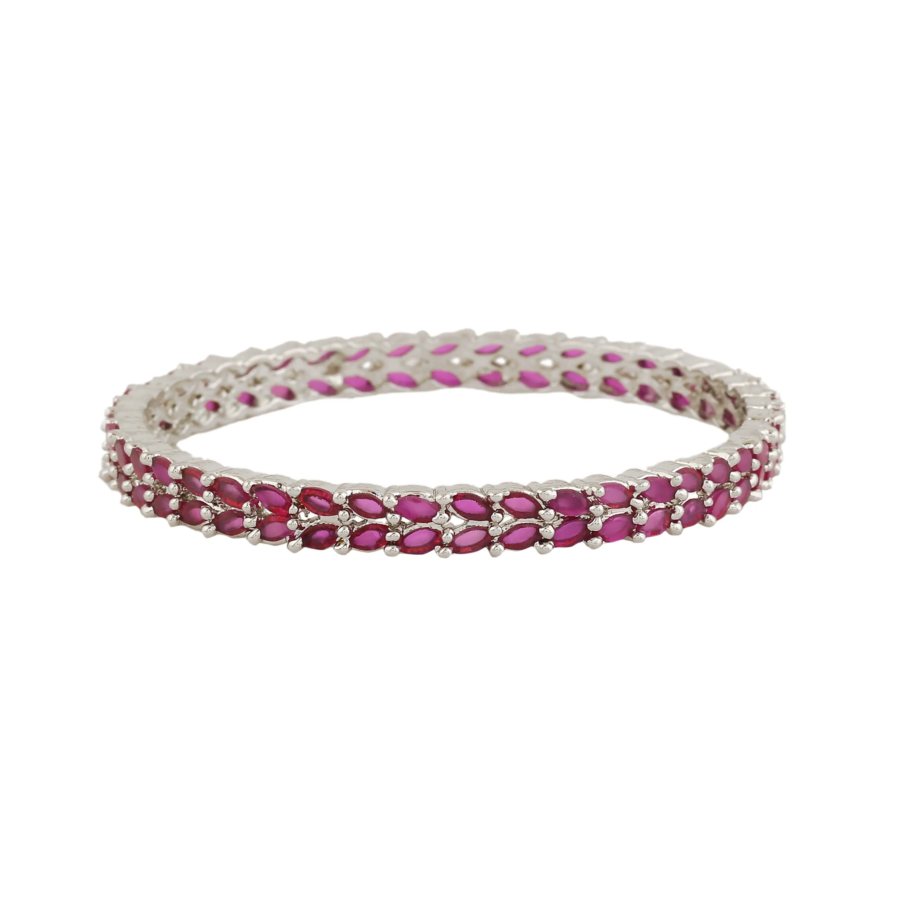 Estele Rhodium-Plated Exquisite Leafy Pattern 2:6 Size Bangles with Shimmering Ruby American Diamonds| Modern Jewelry for Women