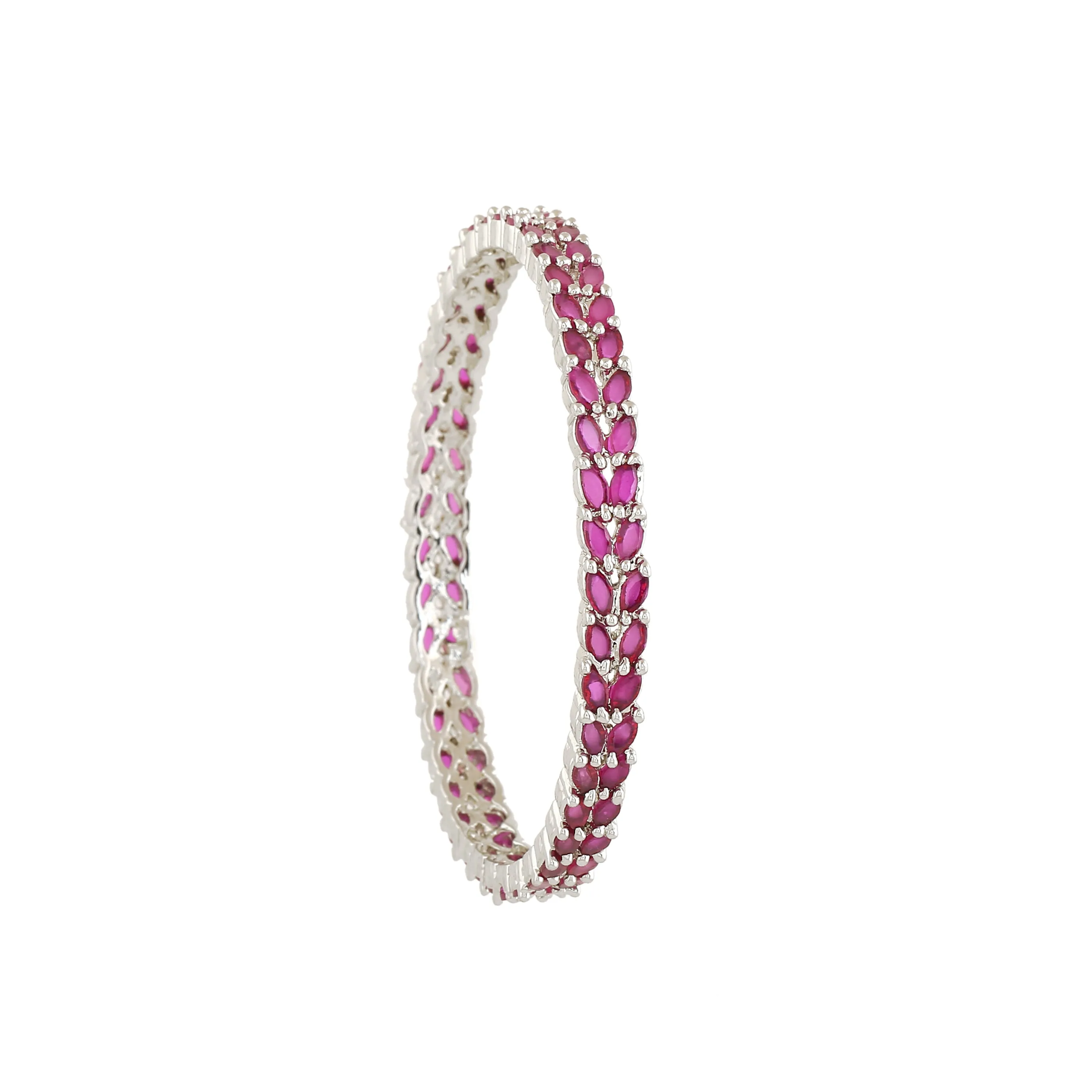 Estele Rhodium-Plated Exquisite Leafy Pattern 2:6 Size Bangles with Shimmering Ruby American Diamonds| Modern Jewelry for Women