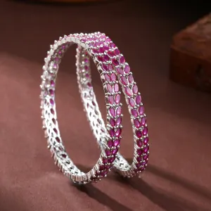 Estele Rhodium-Plated Exquisite Leafy Pattern 2:6 Size Bangles with Shimmering Ruby American Diamonds| Modern Jewelry for Women