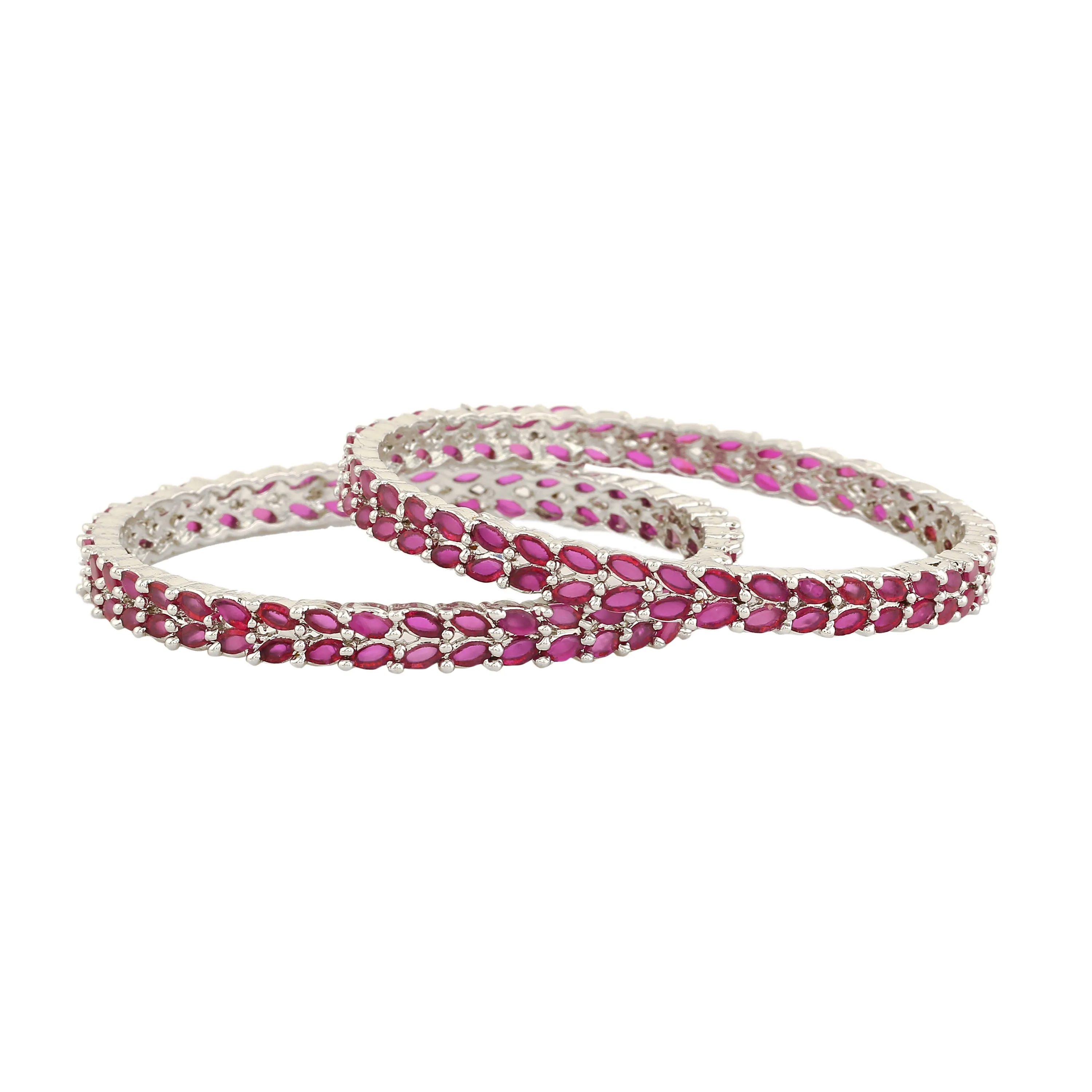 Estele Rhodium-Plated Exquisite Leafy Pattern 2:6 Size Bangles with Shimmering Ruby American Diamonds| Modern Jewelry for Women