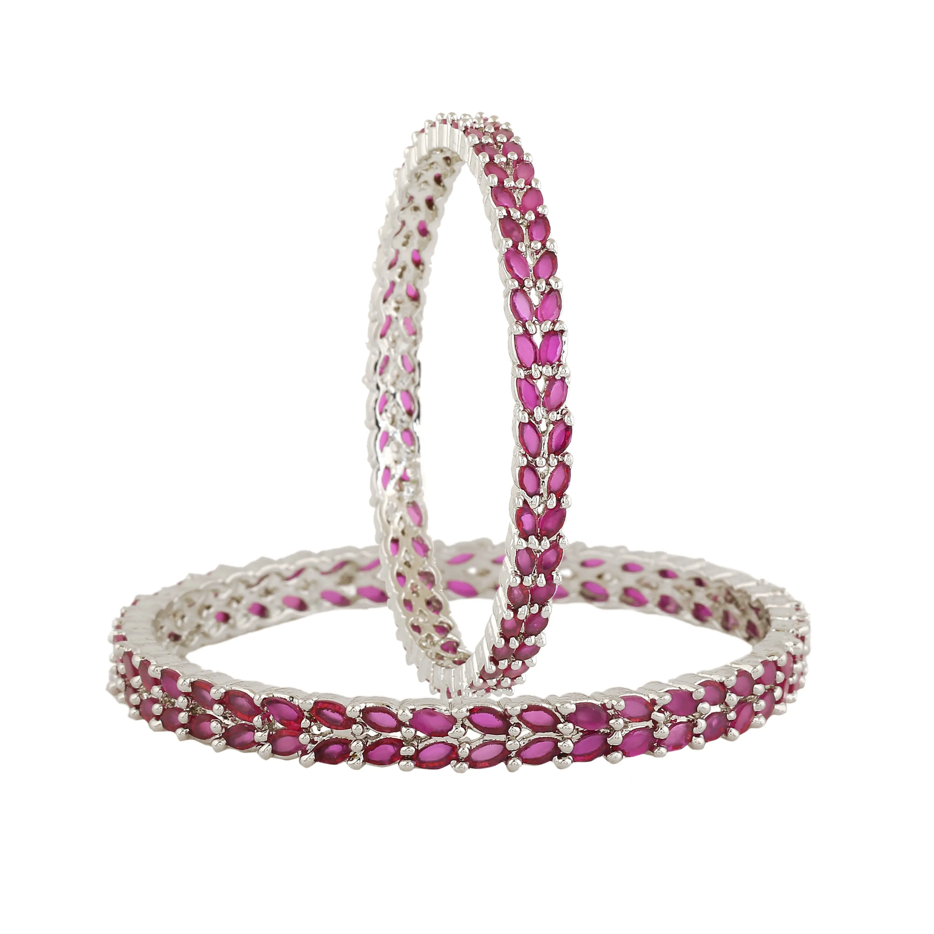 Estele Rhodium-Plated Exquisite Leafy Pattern 2:6 Size Bangles with Shimmering Ruby American Diamonds| Modern Jewelry for Women