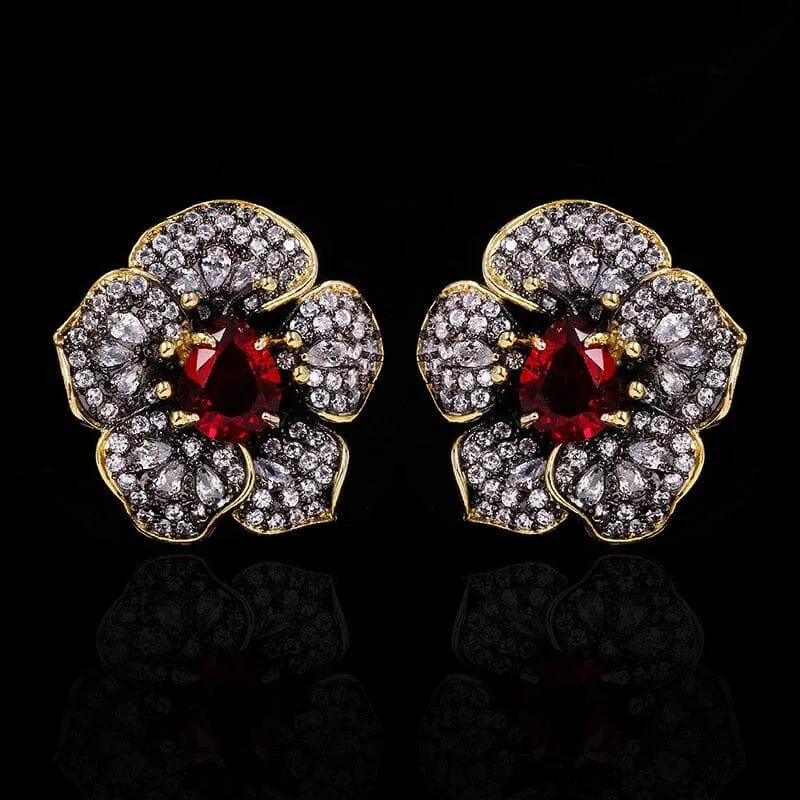 Exquisitely Inlaid Colored Ruby Rose Flower Earrings - 925 Sterling Silver