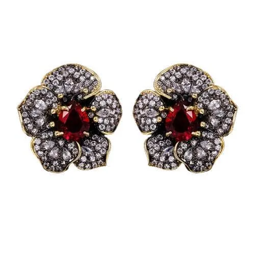 Exquisitely Inlaid Colored Ruby Rose Flower Earrings - 925 Sterling Silver