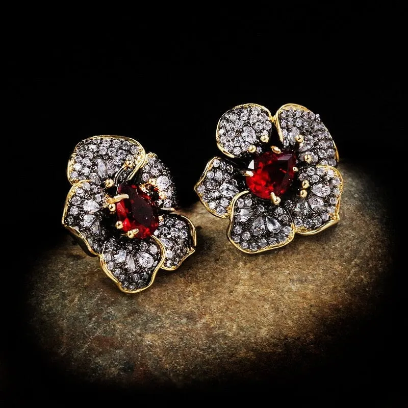 Exquisitely Inlaid Colored Ruby Rose Flower Earrings - 925 Sterling Silver