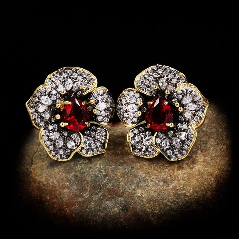 Exquisitely Inlaid Colored Ruby Rose Flower Earrings - 925 Sterling Silver