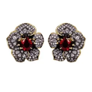 Exquisitely Inlaid Colored Ruby Rose Flower Earrings - 925 Sterling Silver