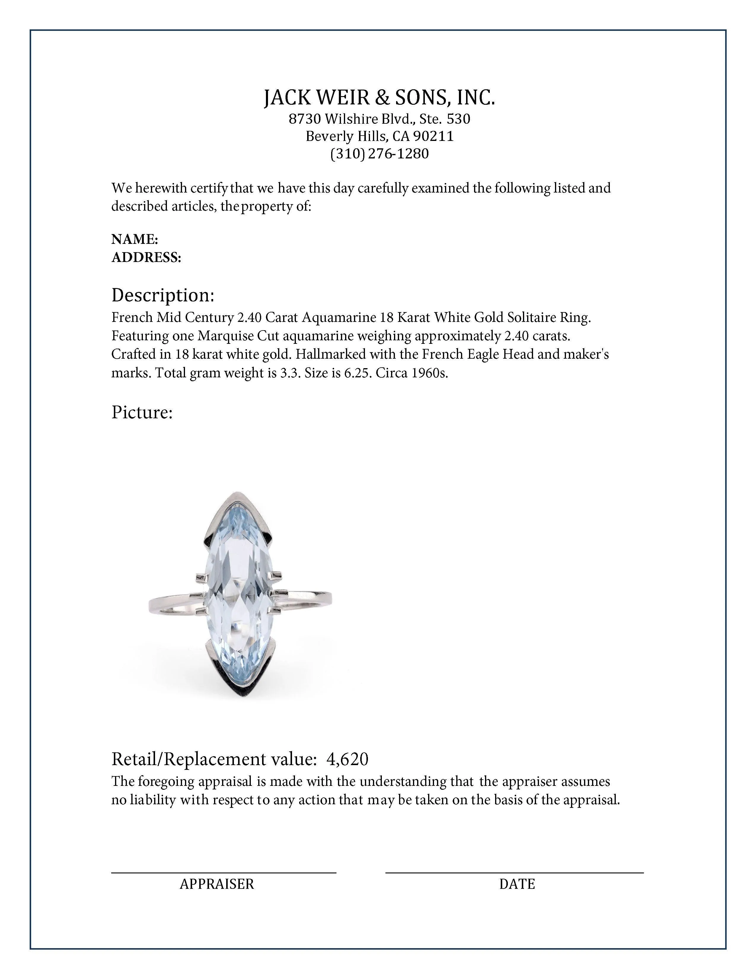 French Mid Century 2.40 Carat Aquamarine 18K White Gold Solitaire Ring