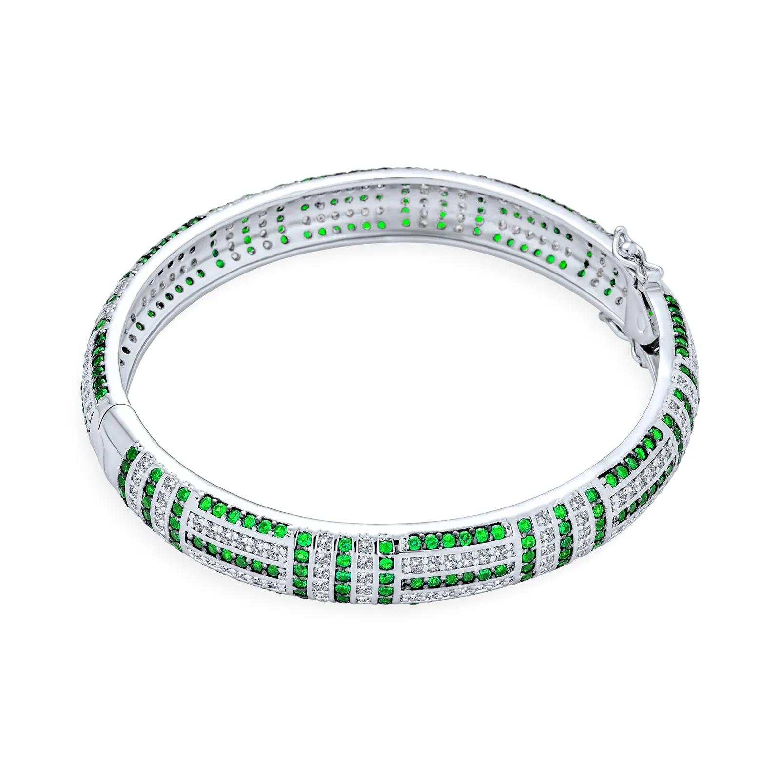 Geometric Art Deco Black & Green CZ Bangle Bracelet Silver Plated Brass