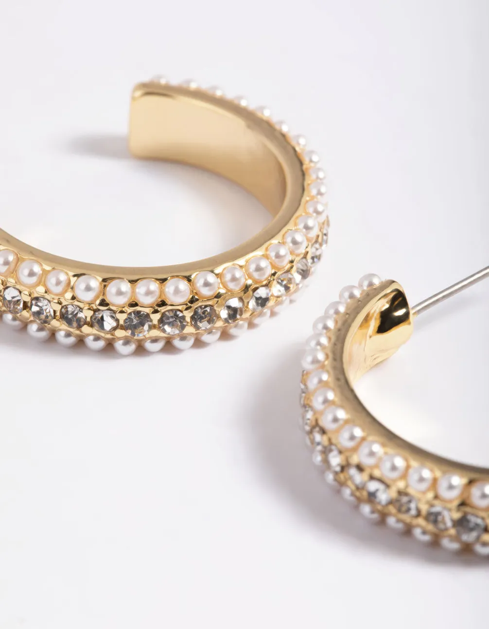 Gold Plated Diamond & Pearl Large Hoop Earrings