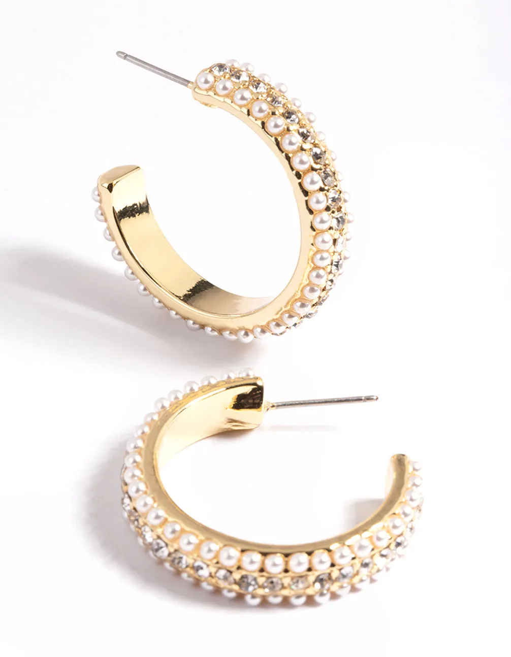 Gold Plated Diamond & Pearl Large Hoop Earrings