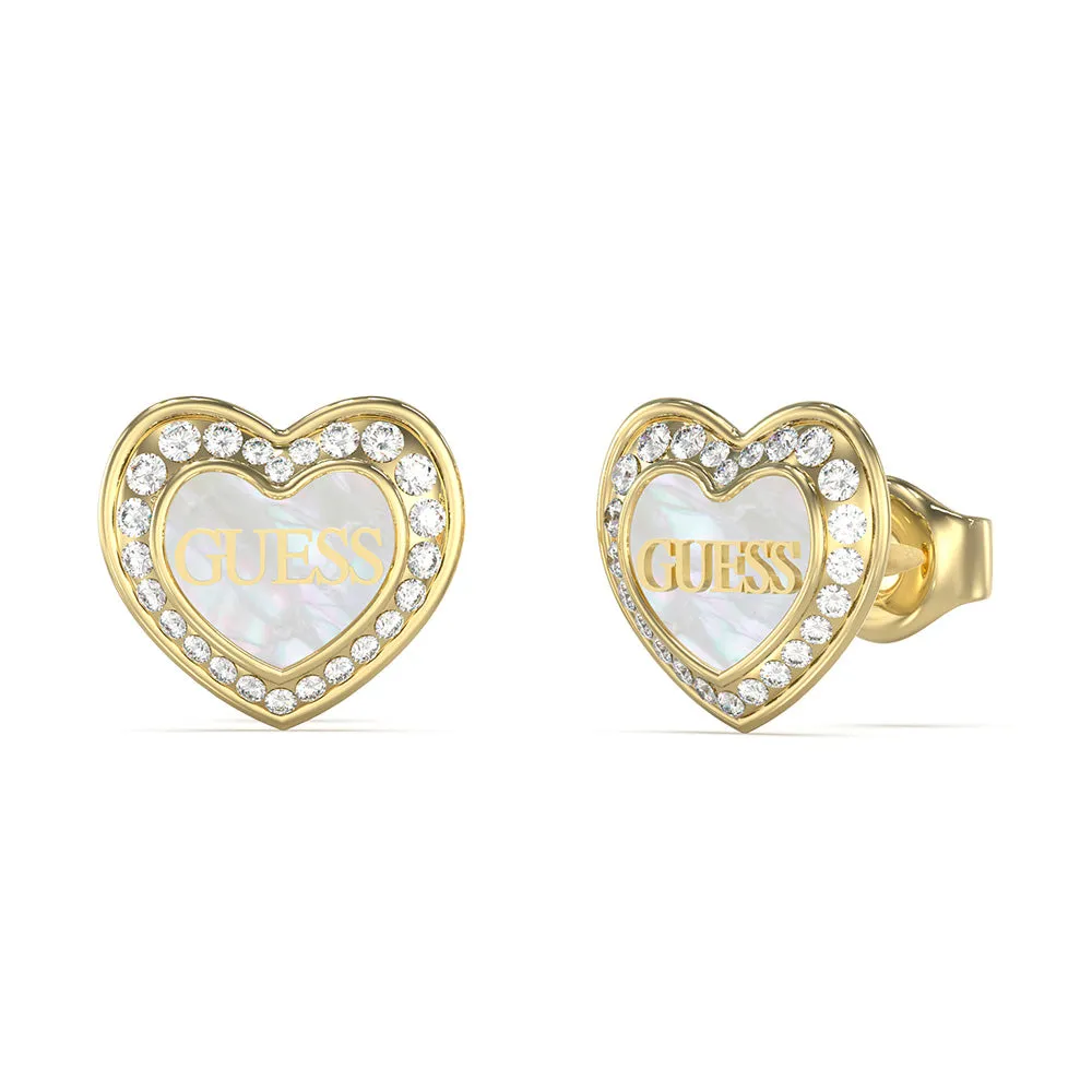 Guess Gold Plated Stainless Steel 12mm Mother of Pearl And Crystal Stud Earrings