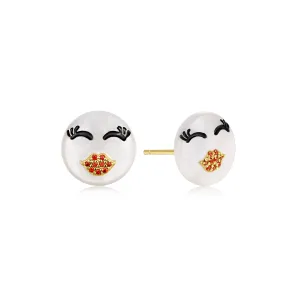 Happy Kids | Kiss Single Stud | Garnet CZ & White Mother of Pearl | 14K Gold Plated 925 Silver