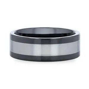 HUSKEY Ceramic Band with Tungsten Inlay and Flat Polished Edges - 8mm