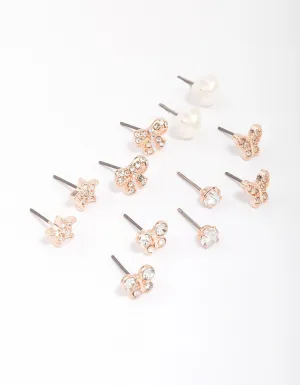 Kids Rose Gold Diamante Butterfly Stud Earring 6-Pack