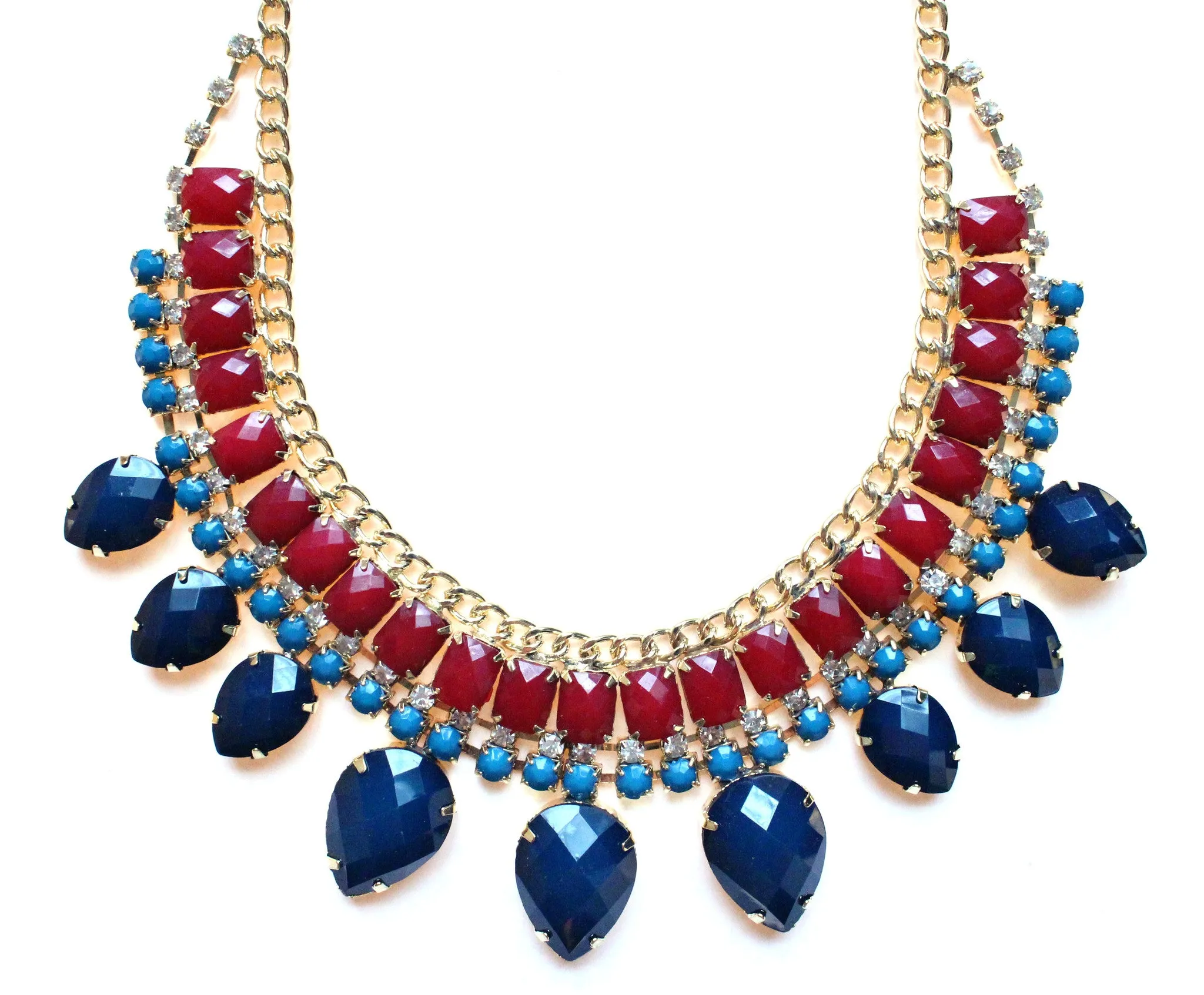 Layered Rhinestone Teardrop Necklace- Blue & Red