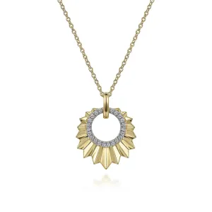 Leaf Shaped Diamond Circle Pendant Necklace in Yellow Gold, 0.11 cttw