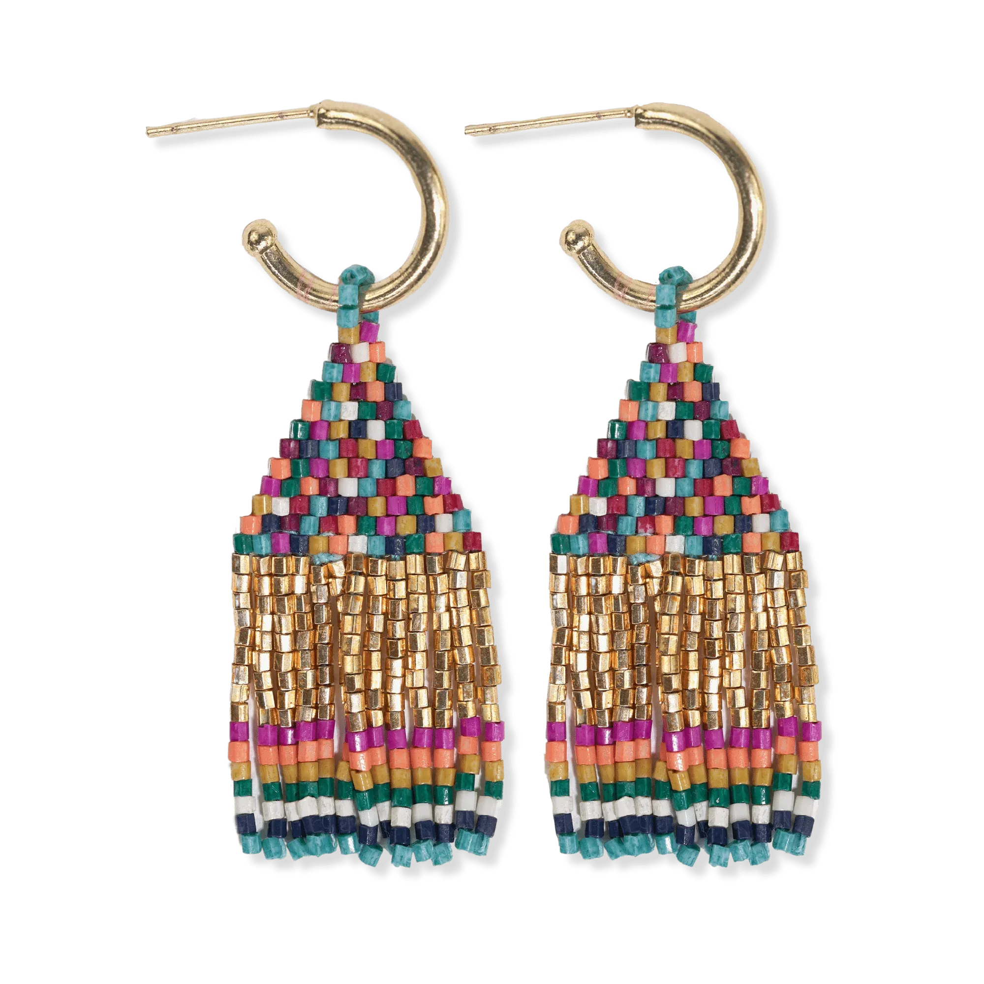 Leta Mini Gold Hoop Confetti Top And Stripe Short Fringe Earrings Muted