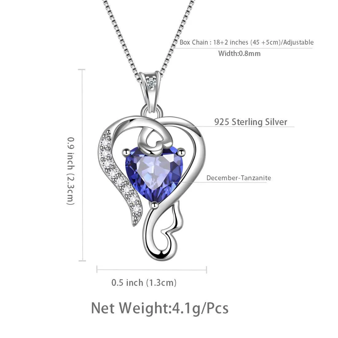 Love Heart Birthstone December Tanzanite Necklace Pendant Women Girls Jewelry Birthday Gift