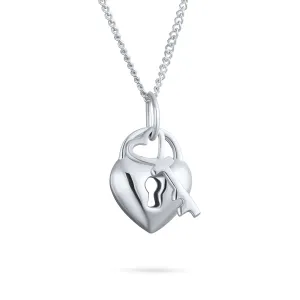 Love Lock & Key Heart CZ Charm Pendant Necklace in Sterling Silver