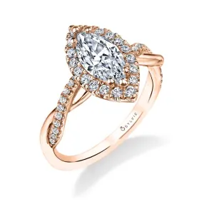 Marquise Cut Modern Halo Diamond Spiral Engagement Ring - Coralie 14k Gold Rose