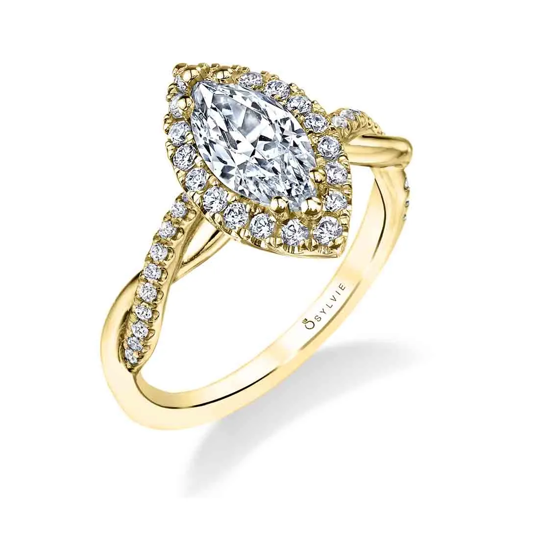 Marquise Cut Modern Halo Diamond Spiral Engagement Ring - Coralie 18k Gold Yellow