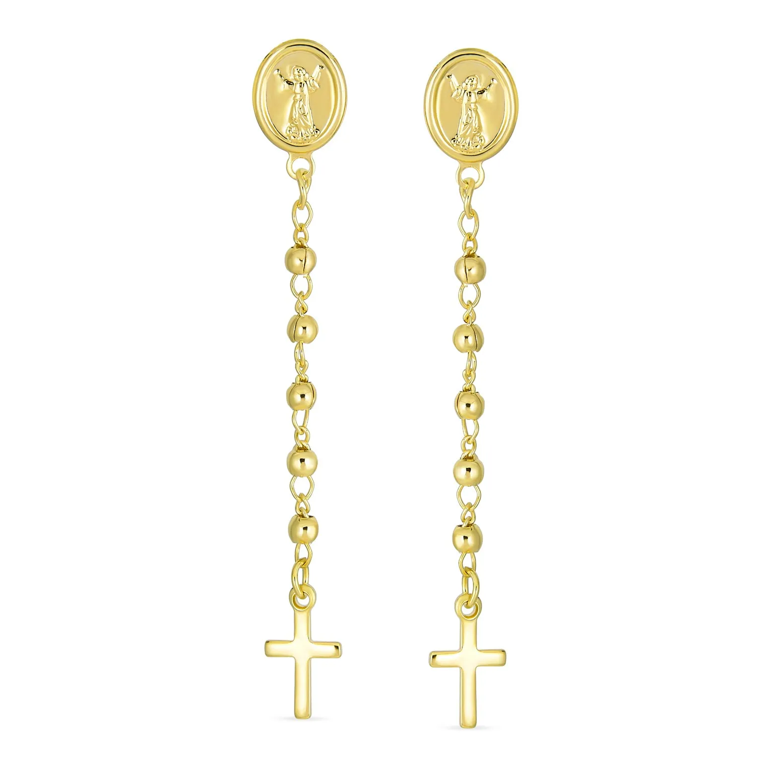 Minimalist Linear Ball Chain Angel Dangle Cross Earrings 18K Gold Plated Brass