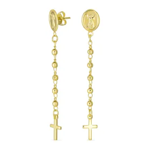 Minimalist Linear Ball Chain Angel Dangle Cross Earrings 18K Gold Plated Brass