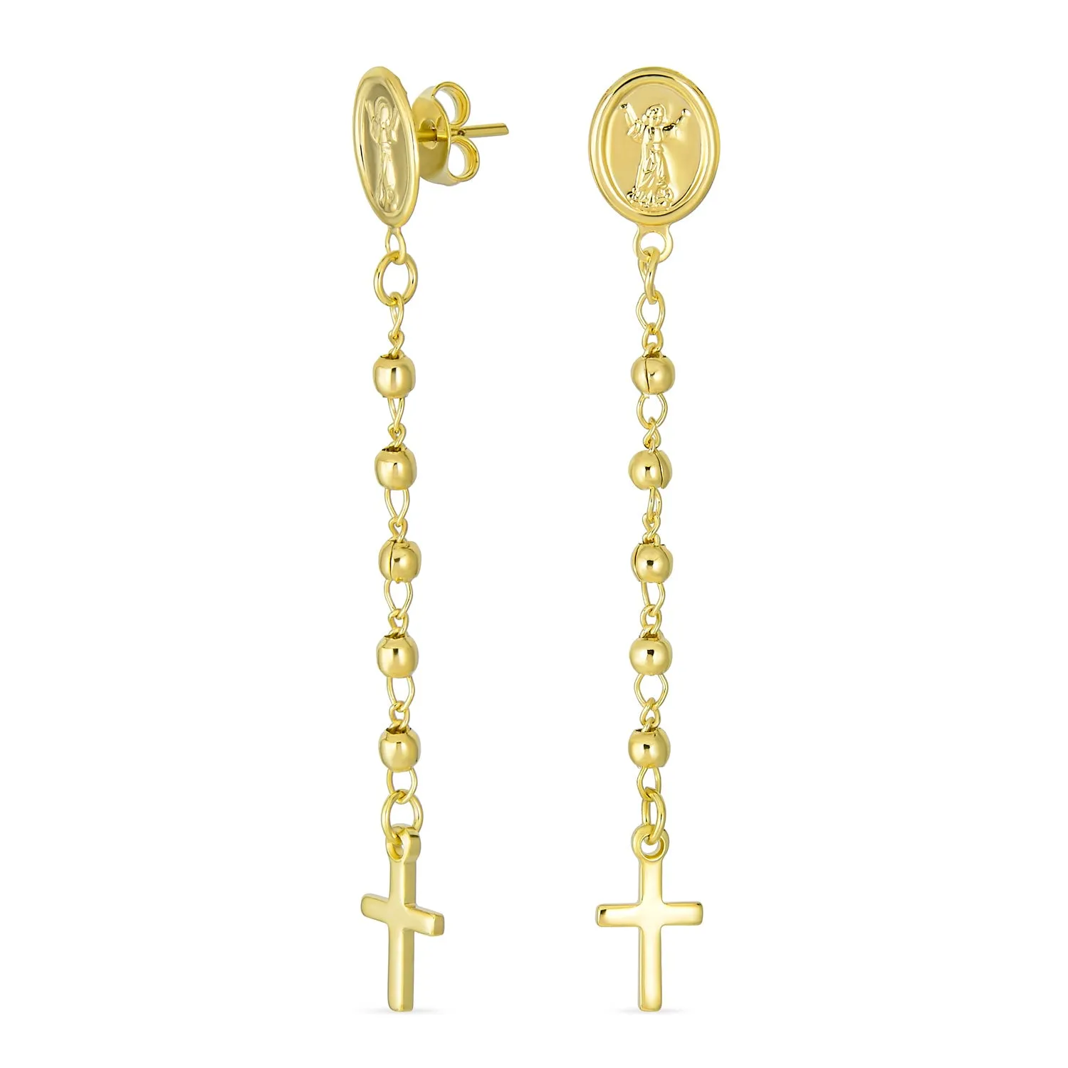 Minimalist Linear Ball Chain Angel Dangle Cross Earrings 18K Gold Plated Brass