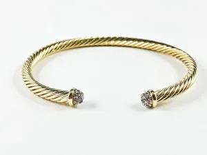 Modern Textured Duo Crystals Gold Tone Brass Cuff Bangle