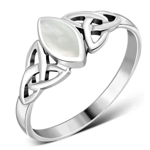 Mother of Pearl Shell Celtic Trinity Knot Silver Ring