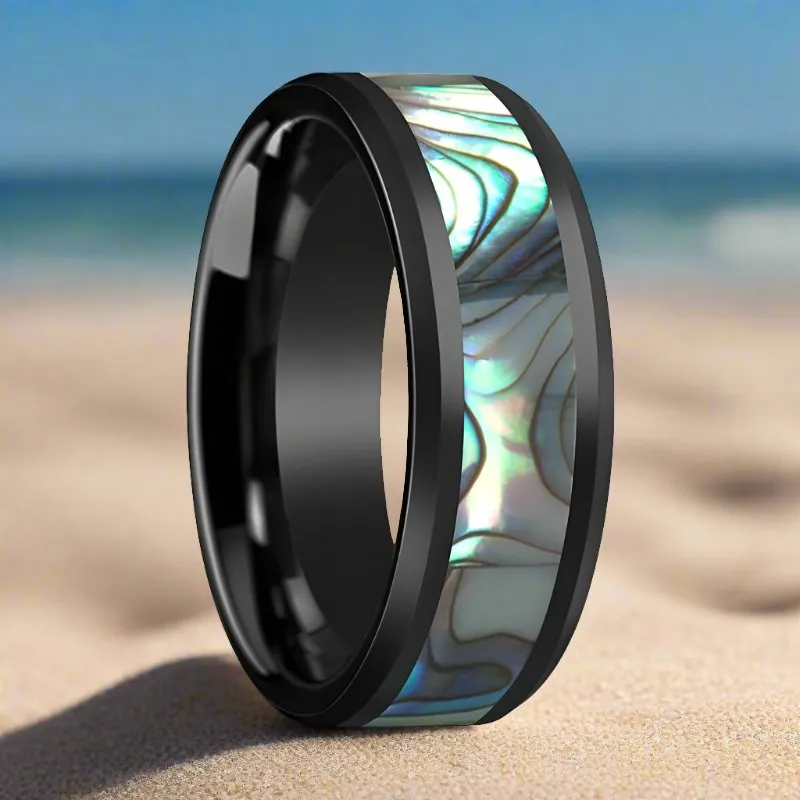 OAHU | Black Ceramic Ring, Mother of Pearl Inlay, Beveled