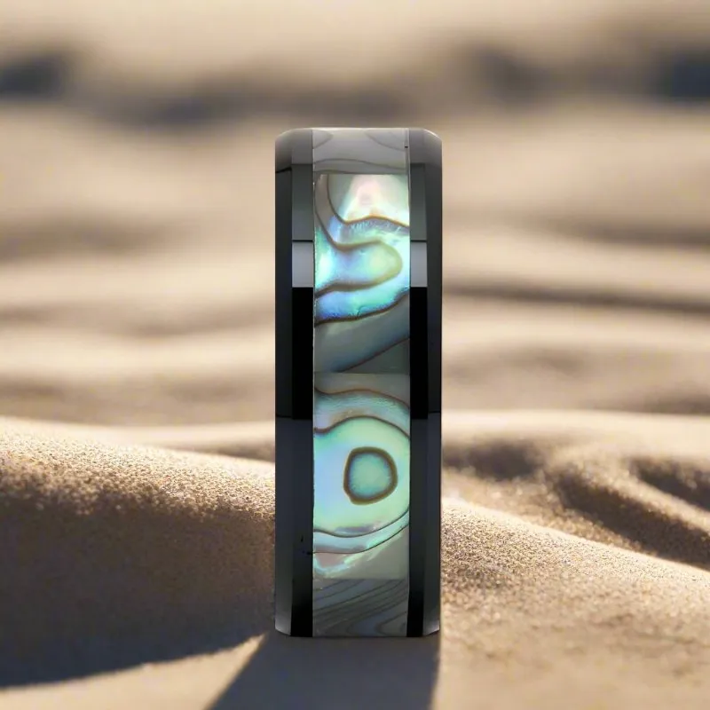 OAHU | Black Ceramic Ring, Mother of Pearl Inlay, Beveled