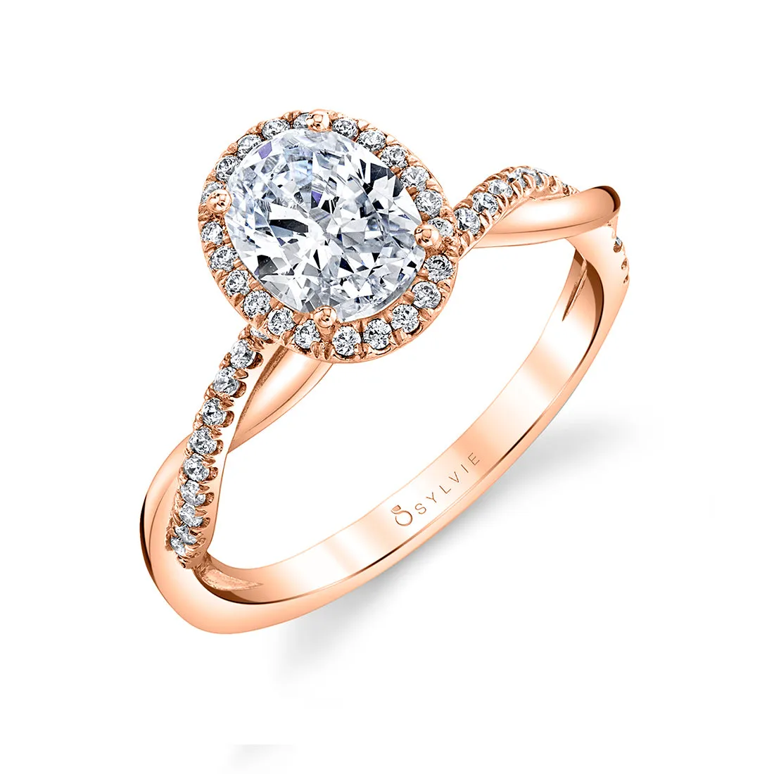 Oval Cut Modern Halo Diamond Spiral Engagement Ring - Coralie 14k Gold Rose