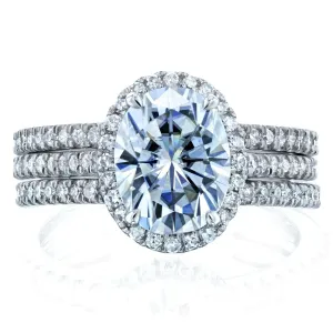 Oval Moissanite and Diamond Halo 3-Piece Bridal Rings Set 2 1/2 CTW 14k White Gold (DEF/VS, GH/I)