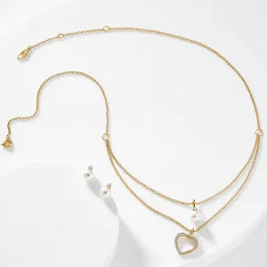 PEARL AND CZ HEART NECKLACE SET