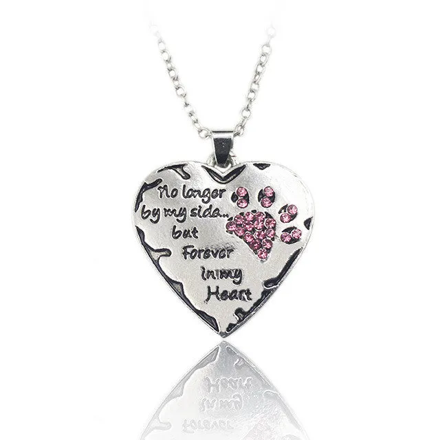 QIHE JEWELRY "no longer be my side but forever in my heart" Pink White Silver Crystal Cats Dogs Paws Claw Print & Heart Necklace