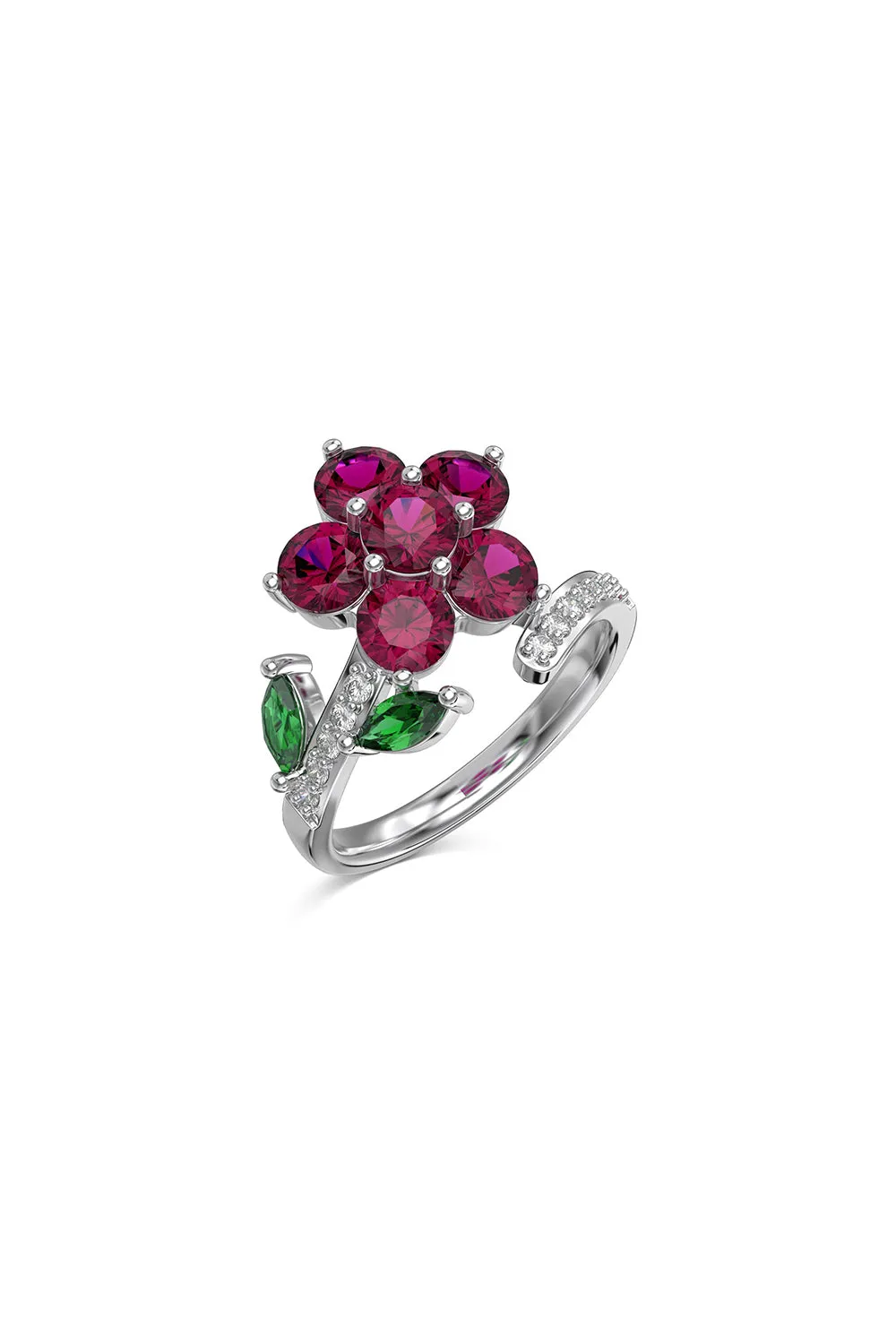 Red Flower Green Leaves Silver Wrap Ring