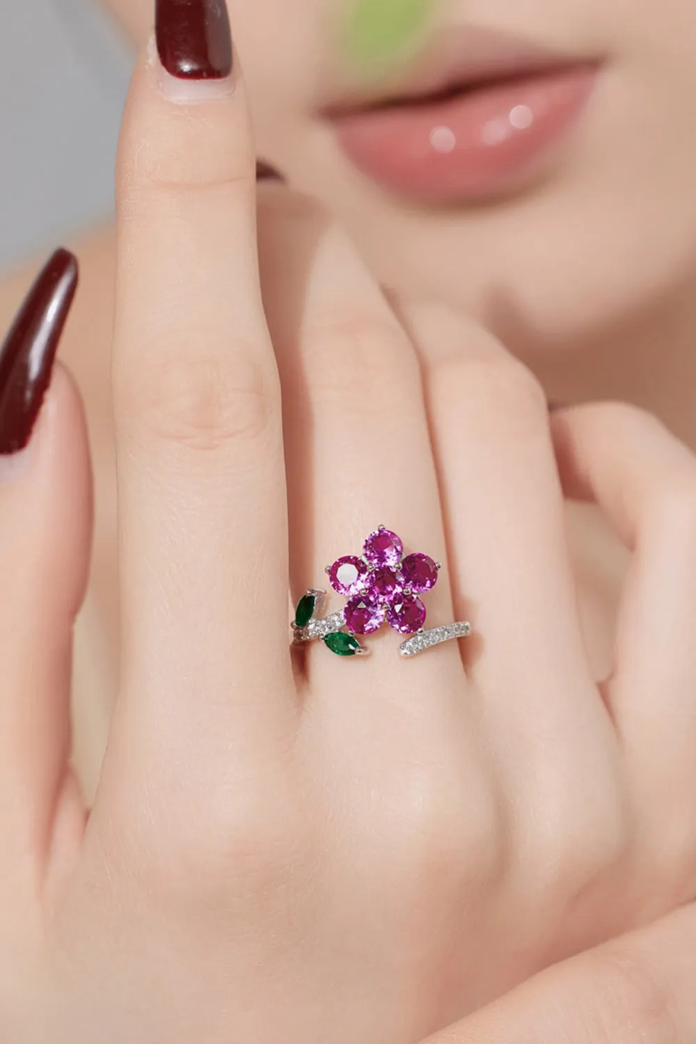 Red Flower Green Leaves Silver Wrap Ring