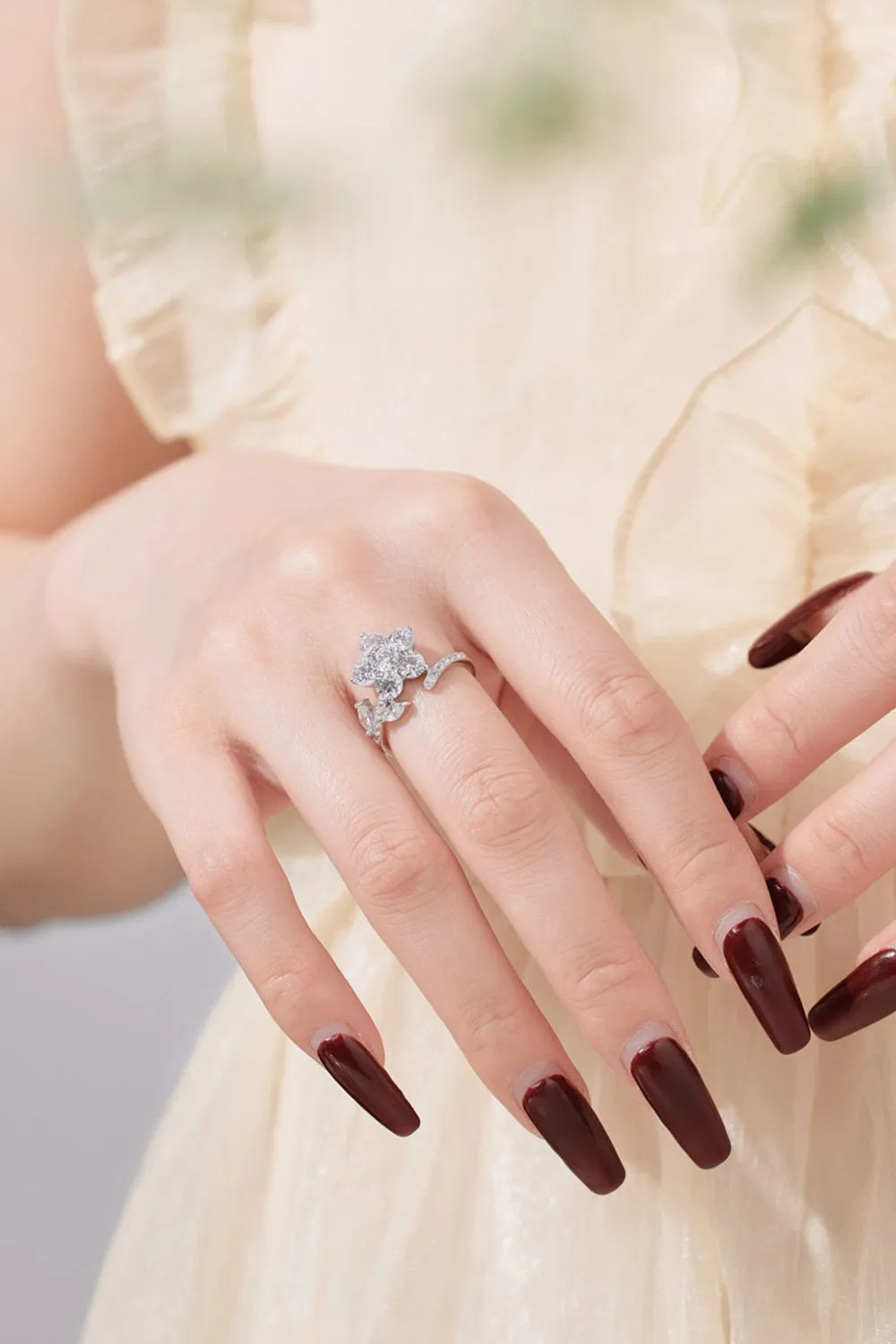 Red Flower Green Leaves Silver Wrap Ring